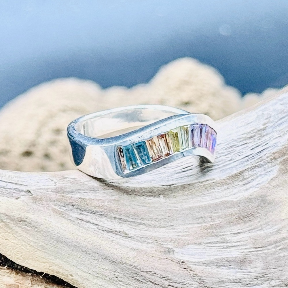 Sterling Silver multi color, flat band with front asymmetrical wave